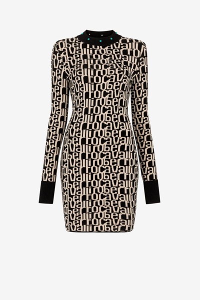 Roberto Cavalli Logo Intarsia Long-sleeve Minidress In Black