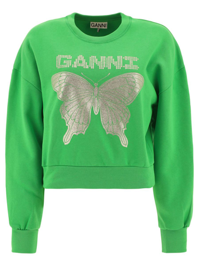 Ganni Metallic Butterfly Print Cotton Short Sweatshirt In Green