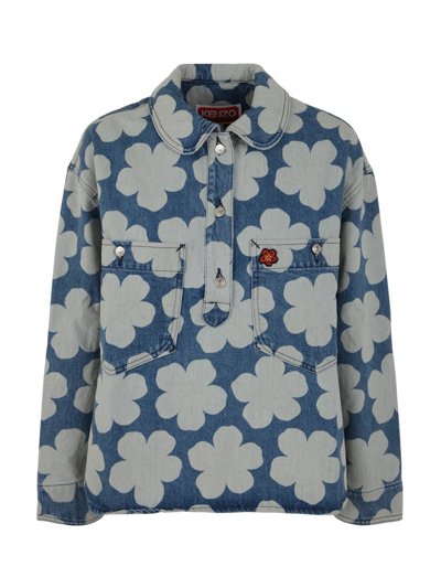 Kenzo Printed Denim Polo Overshirt In Blue