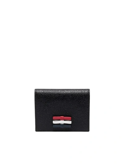 Thom Browne 3-bow Double Card Holder In Pebble Grain Leather - L10, H8 Accessories In Black