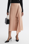 REISS ASH - CAMEL HIGH RISE RUFFLE MIDI SKIRT, US 6