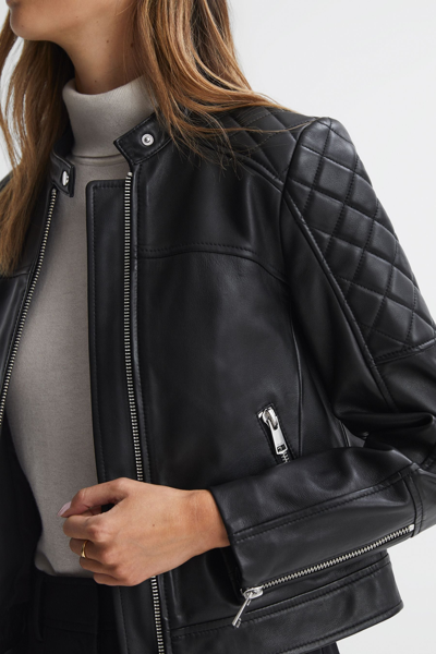 Reiss Adelaide - Black Leather Collarless Quilted Jacket, Us 0