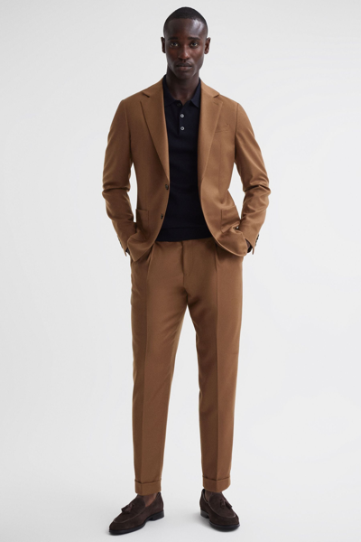 Reiss Tobacco Venue Slim Fit Wool Blend Rolled Hem Trousers In Brown