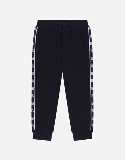 Dolce & Gabbana Kids' Cotton Jogging Pants With Branded Side Bands In Blue