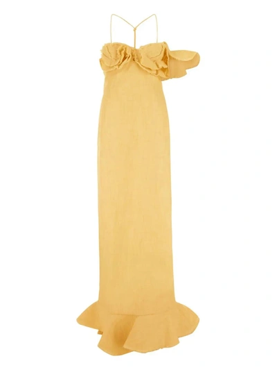 Jacquemus Artichaut Ruffled Linen-blend Maxi Dress In Yellow