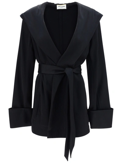 Saint Laurent Belted Hooded Jacket In Noir