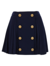 Balmain Button-embellished Pleated Wool Mini Skirt In Blue
