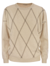 Brunello Cucinelli Crewneck Sweater In Fine Wool, Cashmere And Silk With Diamond Pattern In Sand
