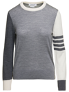 THOM BROWNE FUN MIX RELAXED FIT CREW NECK PULLOVER IN FINE MERINO WOOL W/ 4 BAR STRIPE