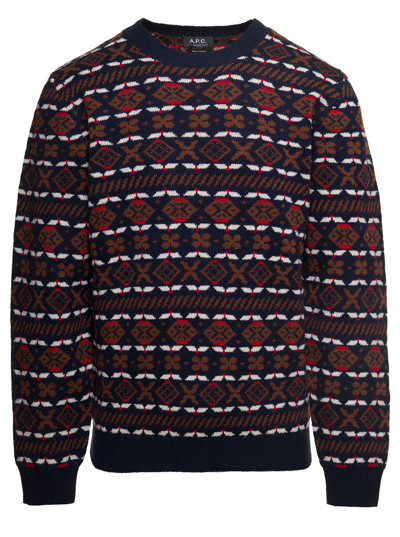 Apc John Multicolor Crewneck Sweater With Intarsia Knit In Wool Man In Blue