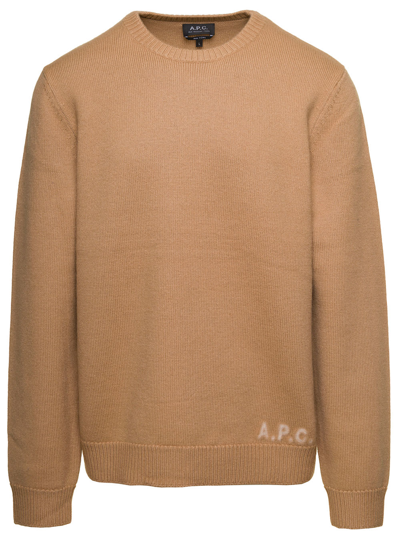 APC EDWARD BEIGE CREWNECK SWEATER WITH EMBROIDERED LOGO IN WOOL MAN