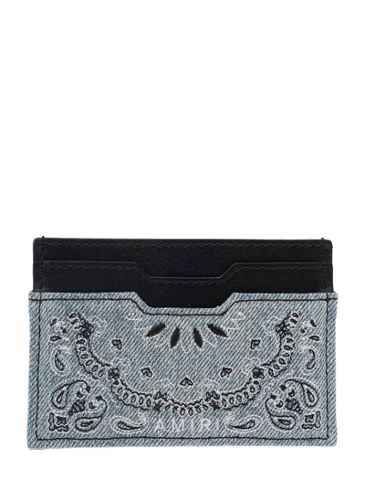 Amiri Logo Embroidered Denim Jacquard Card Holder In Blu