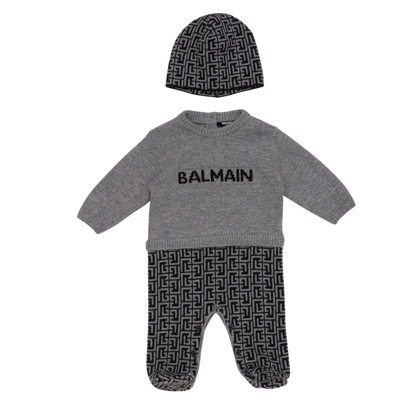 Balmain Intarsia-knit Babygrow Set In Grey