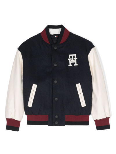 Tommy Hilfiger Junior Kids' Logo-appliqué Stripe-detail Bomber Jacket In Blue