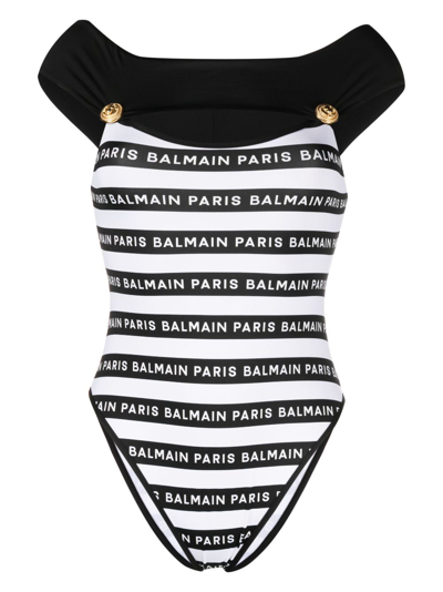 Balmain Logo-tape Off-shoulder Swimsuit In Black