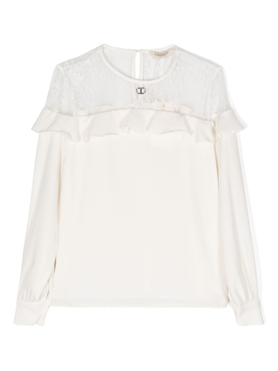 Twinset Kids' Ruffled Logo-plaque Blouse In White