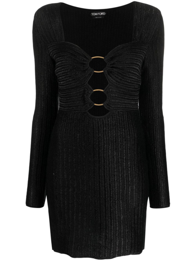 Tom Ford Ring-embellished Ribbed Cotton-blend Mini Dress In Black