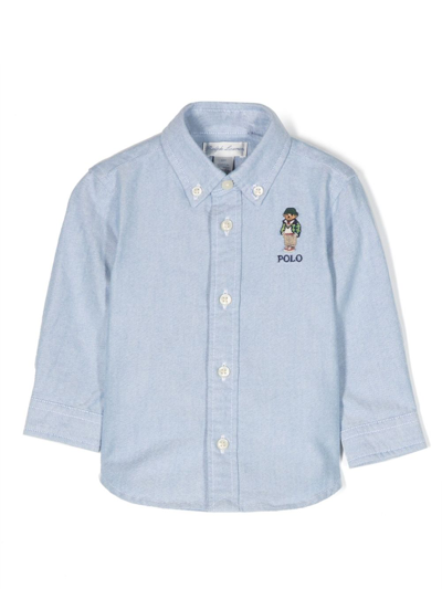 Ralph Lauren Babies' Polo Bear 刺绣棉衬衫 In Blue