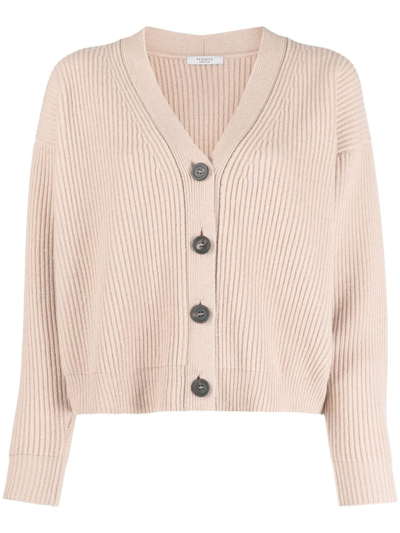 Peserico V-neck Ribbed-knit Cardigan In Nude & Neutrals