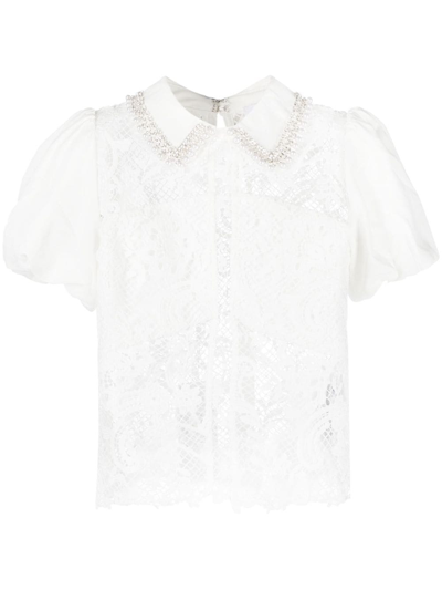 Self-portrait Faux-pearl Detail Guipure-lace Blouse In White