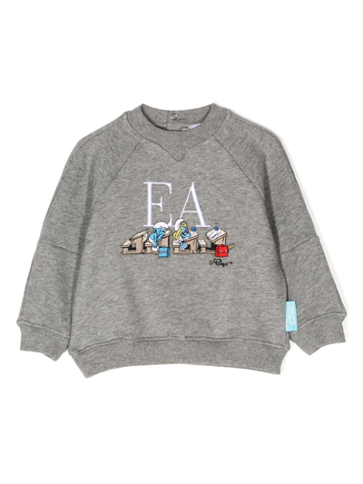 Emporio Armani Kids' Smurfs Embroidered Cotton Sweatshirt In Grey