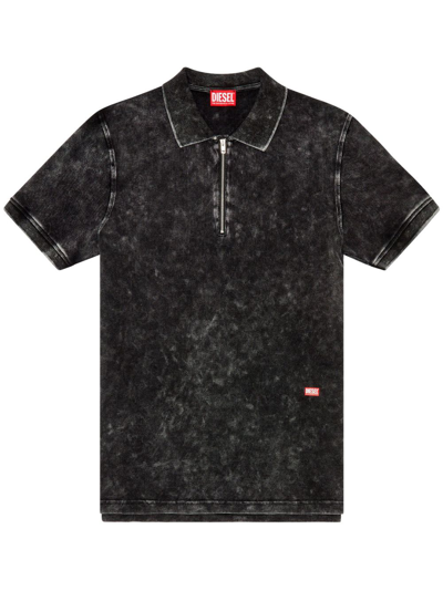 Diesel T-smith-zip Acid-washed Polo Shirt In Black