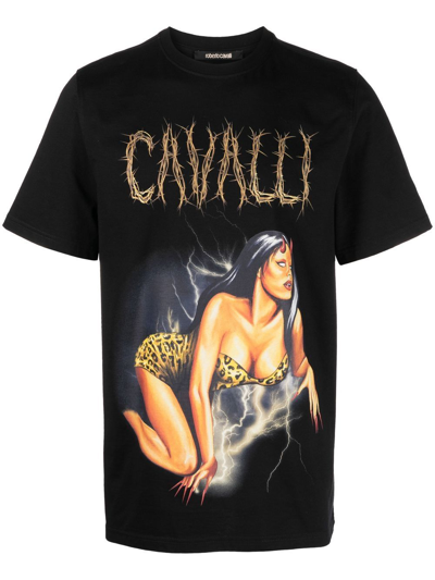 Roberto Cavalli Graphic-print Cotton T-shirt In Black