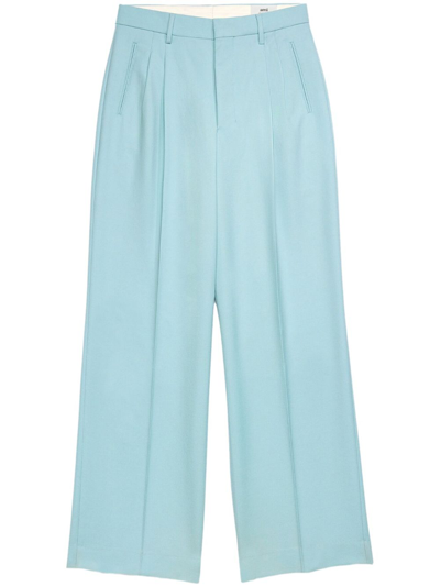 Ami Alexandre Mattiussi Pleated Long-length Wool Trousers In Blue