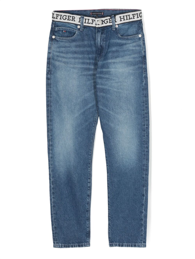 Tommy Hilfiger Junior Kids' Logo-wait Straight-leg Jeans In Blue