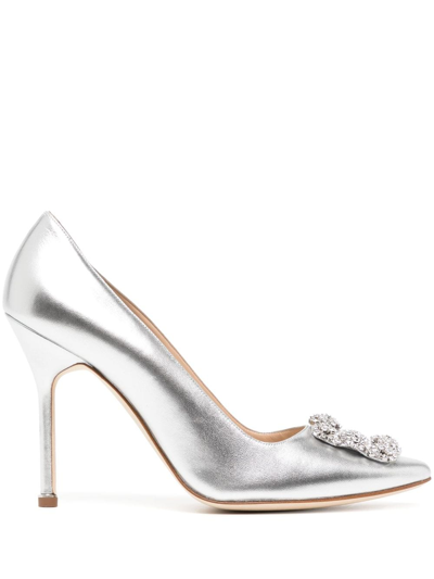 Manolo Blahnik Hangisi 90 Silver Metallic Nappa Pumps