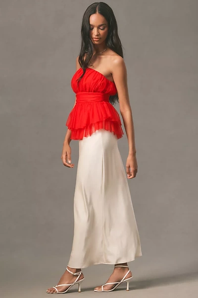 Flat White Tulle Tube Top In Red