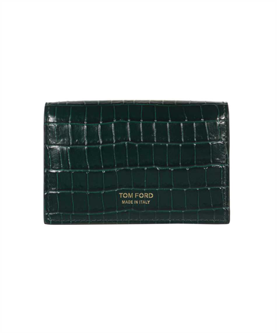 Tom Ford T Line Glossy Printed Croc Card Holder In Green