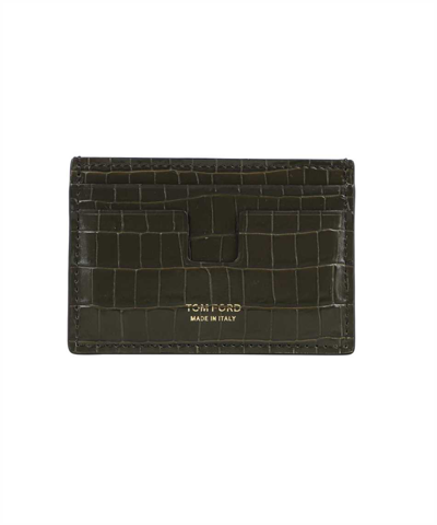Tom Ford Glossy Printed Croc Classic Card Holder In Green