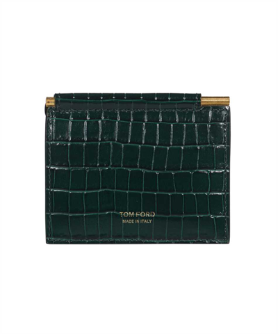 Tom Ford T Line Glossy Printed Croc Card Holder In Green