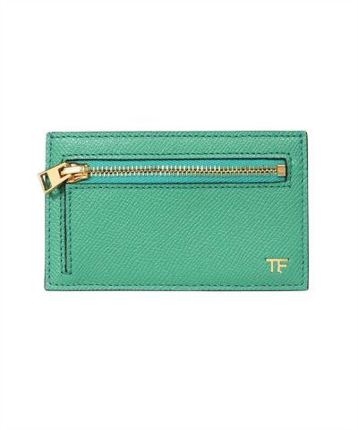 Tom Ford Small Grain Calf Zip Card Holder In Green