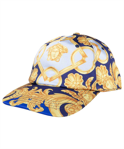 Versace Heritage Print Tech Baseball Cap In Blue,gold,light Blue