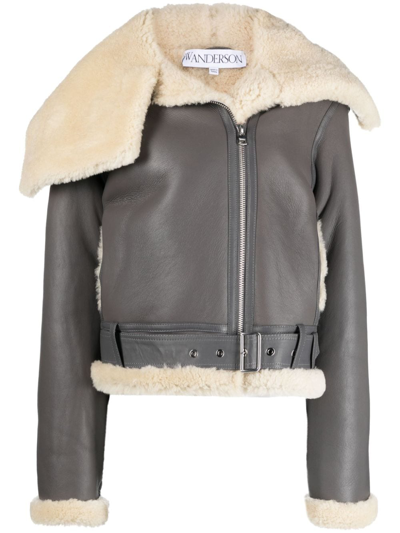 Jw Anderson Jacke Fleece-collar Leather Coat In Grey