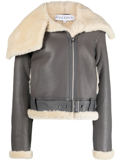 Jw Anderson Jacke Fleece-collar Leather Coat In Grey,off White