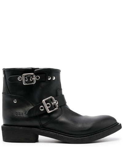 Golden Goose Leather Buckle Short Biker Boots In Black