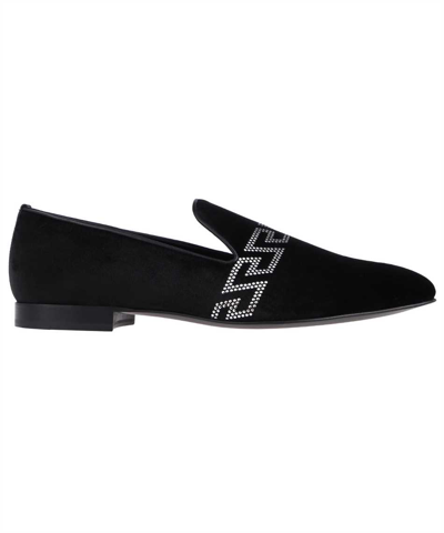 Versace Studded Greca Velvet Loafers In Black