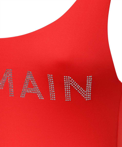Balmain Logo Crystal Embellished Swimsuit In Red