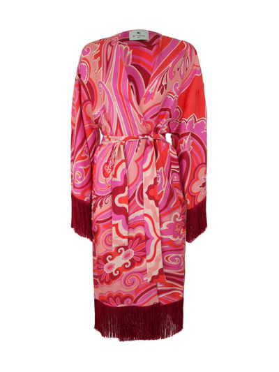 Etro Printed Fringed Kimono In Pink &amp; Purple