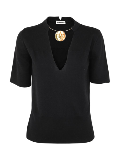 Jil Sander Crew Neck Short Sleeve Knit With Integrated Jewel Necklace Clothing In Black