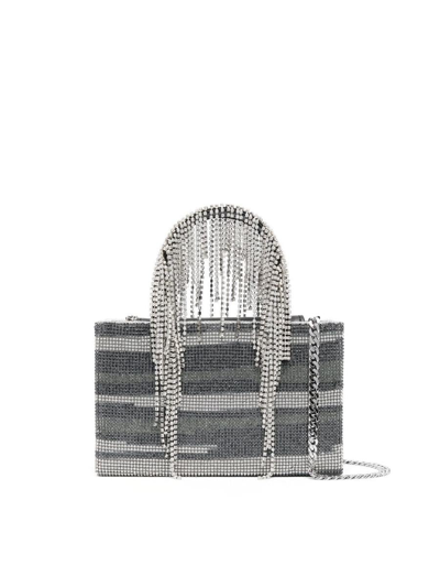 Kara Crystal Mesh Midi Crystal Fringe Tote In Black