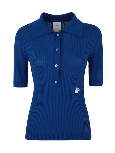 Patou Embroidered Logo Knitted Polo Top In Blue