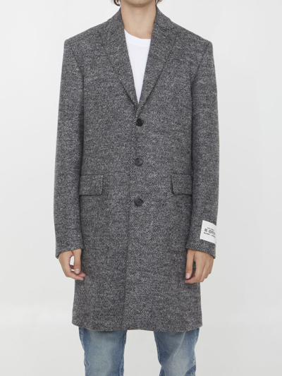 Dolce & Gabbana Diagonal Weave Single-breasted Wool Coat In Grey