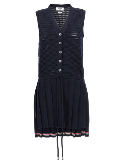 Thom Browne Pointelle Pleated Sleeveless Mini Dress In Blue