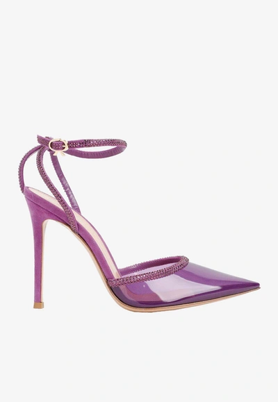 Gianvito Rossi 105 Crystal-embellished Suede-trimmed Pvc Pumps In Purple