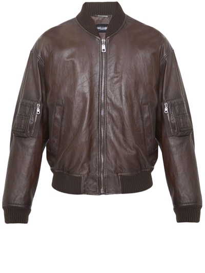 Dolce & Gabbana Brown Leather Bomber Jacket
