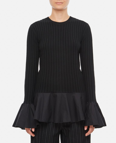 Jw Anderson Ribbed Ruffle-trim Wool-knitted Top In Black